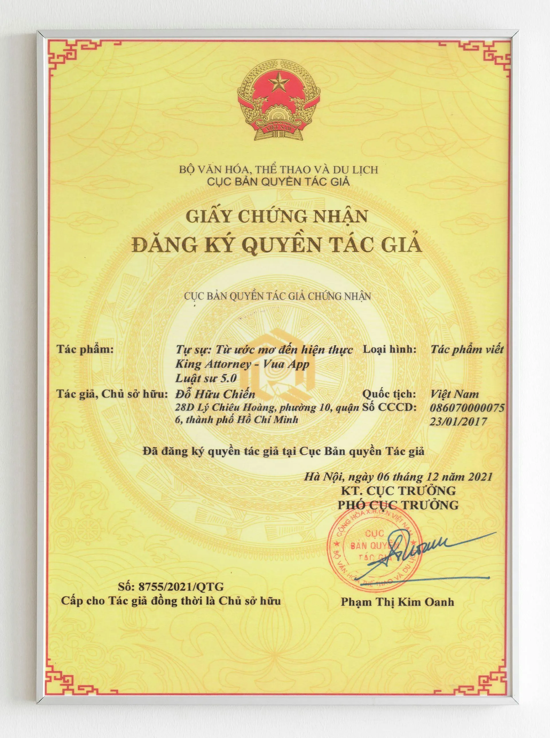 Chứng nhận cho Giấy đăng ký bảo hộ quyền tác giả HỆ SINH THÁI KA