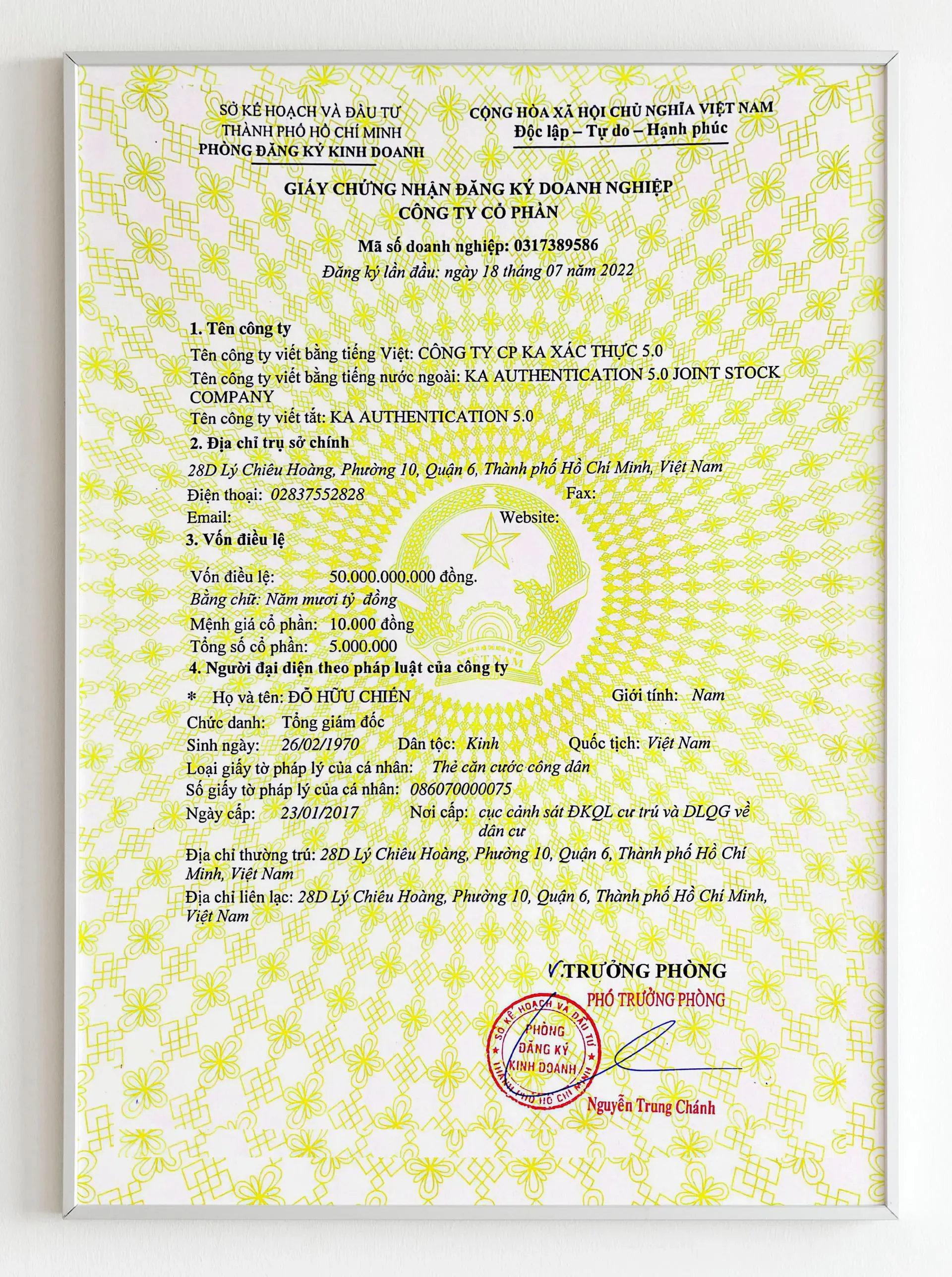 Chứng nhận cho Giấy đăng ký hoạt động kinh doanh CÁC DỰ ÁN KA