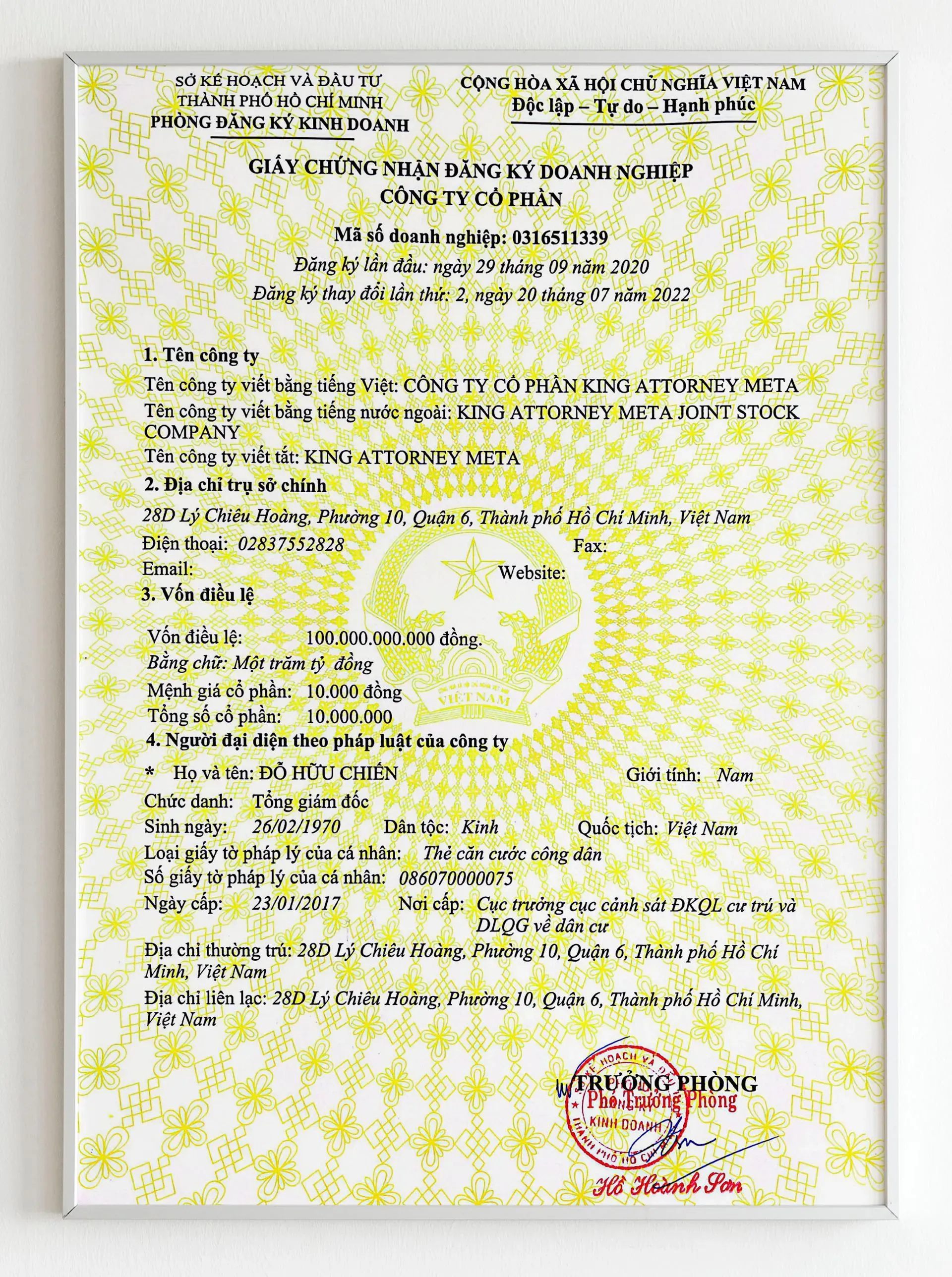 Chứng nhận cho Giấy đăng ký hoạt động kinh doanh HỆ SINH THÁI KA