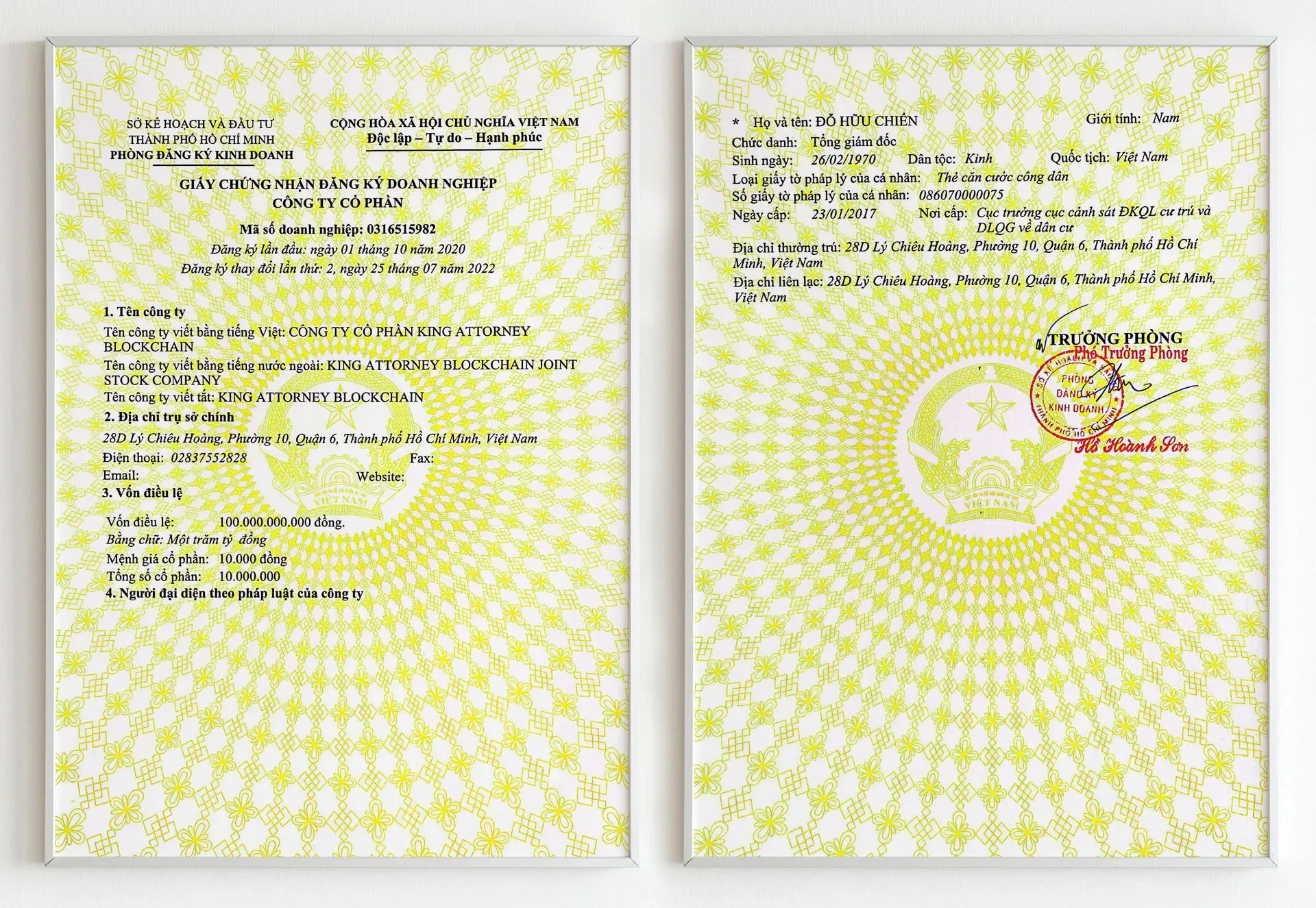 Chứng nhận cho Giấy đăng ký hoạt động kinh doanh HỆ SINH THÁI KA