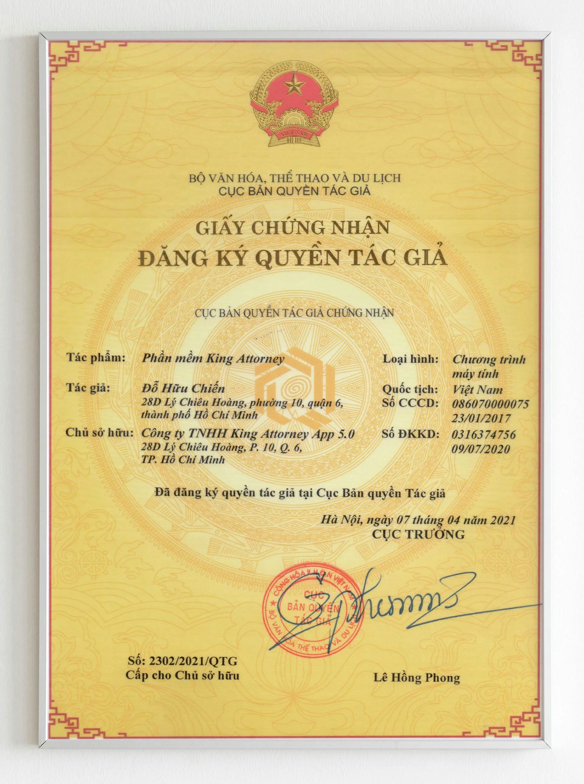 Chứng nhận cho Giấy đăng ký bảo hộ quyền tác giả HỆ SINH THÁI KA