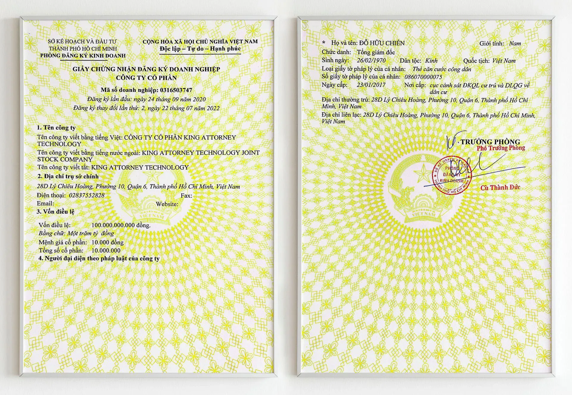 Chứng nhận cho Giấy đăng ký hoạt động kinh doanh HỆ SINH THÁI KA