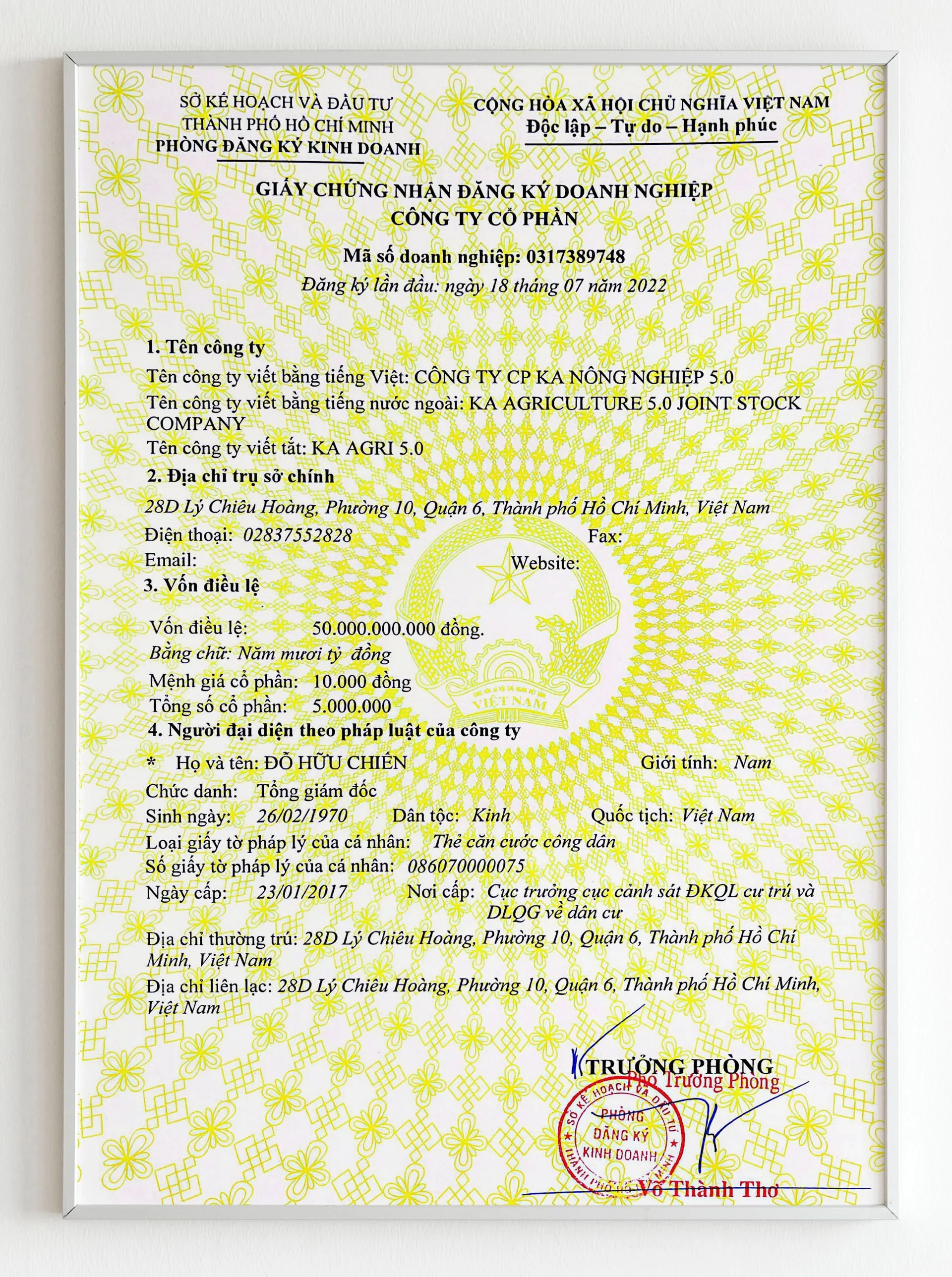 Chứng nhận cho Giấy đăng ký hoạt động kinh doanh CÁC DỰ ÁN KA