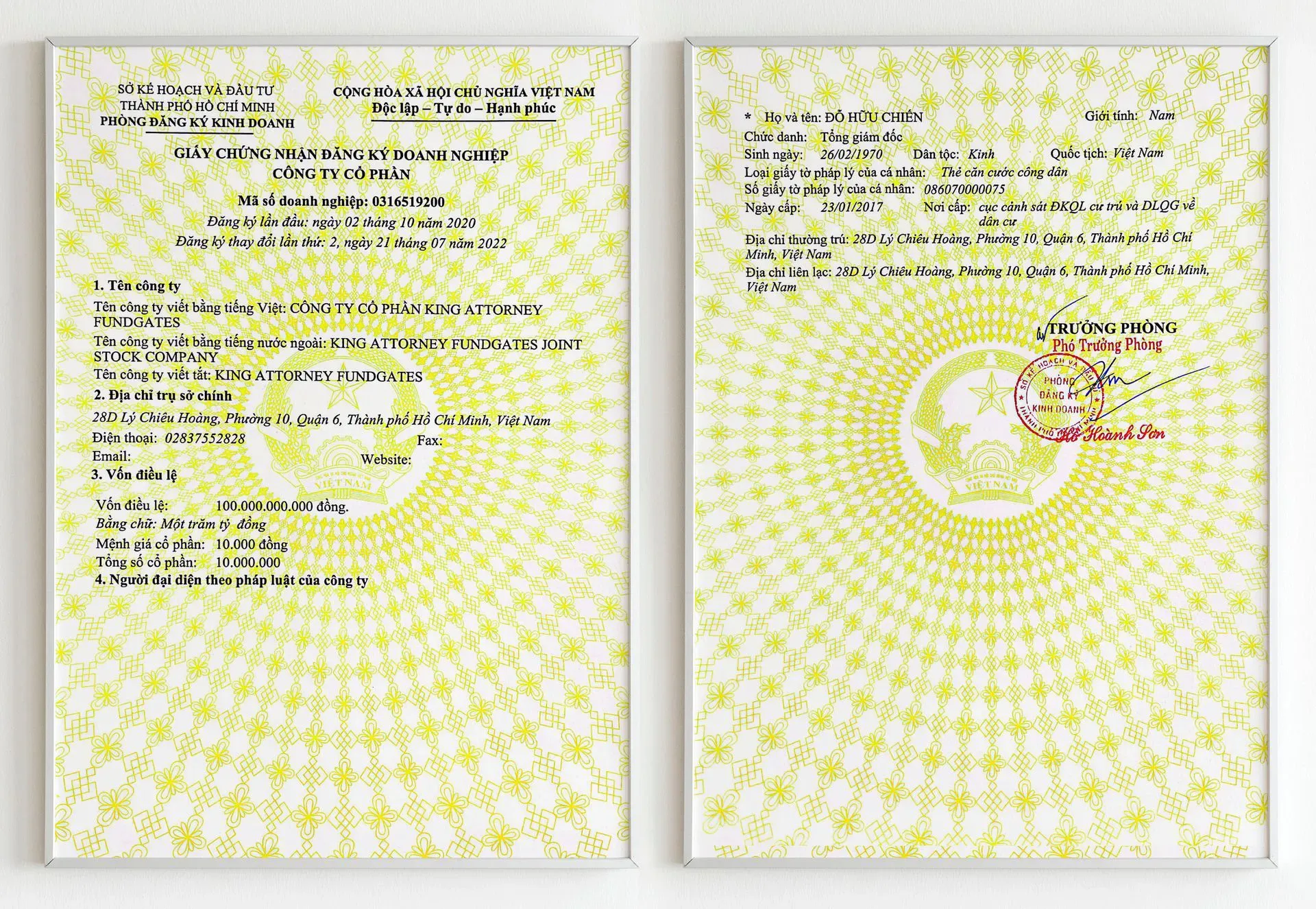 Chứng nhận cho Giấy đăng ký hoạt động kinh doanh HỆ SINH THÁI KA