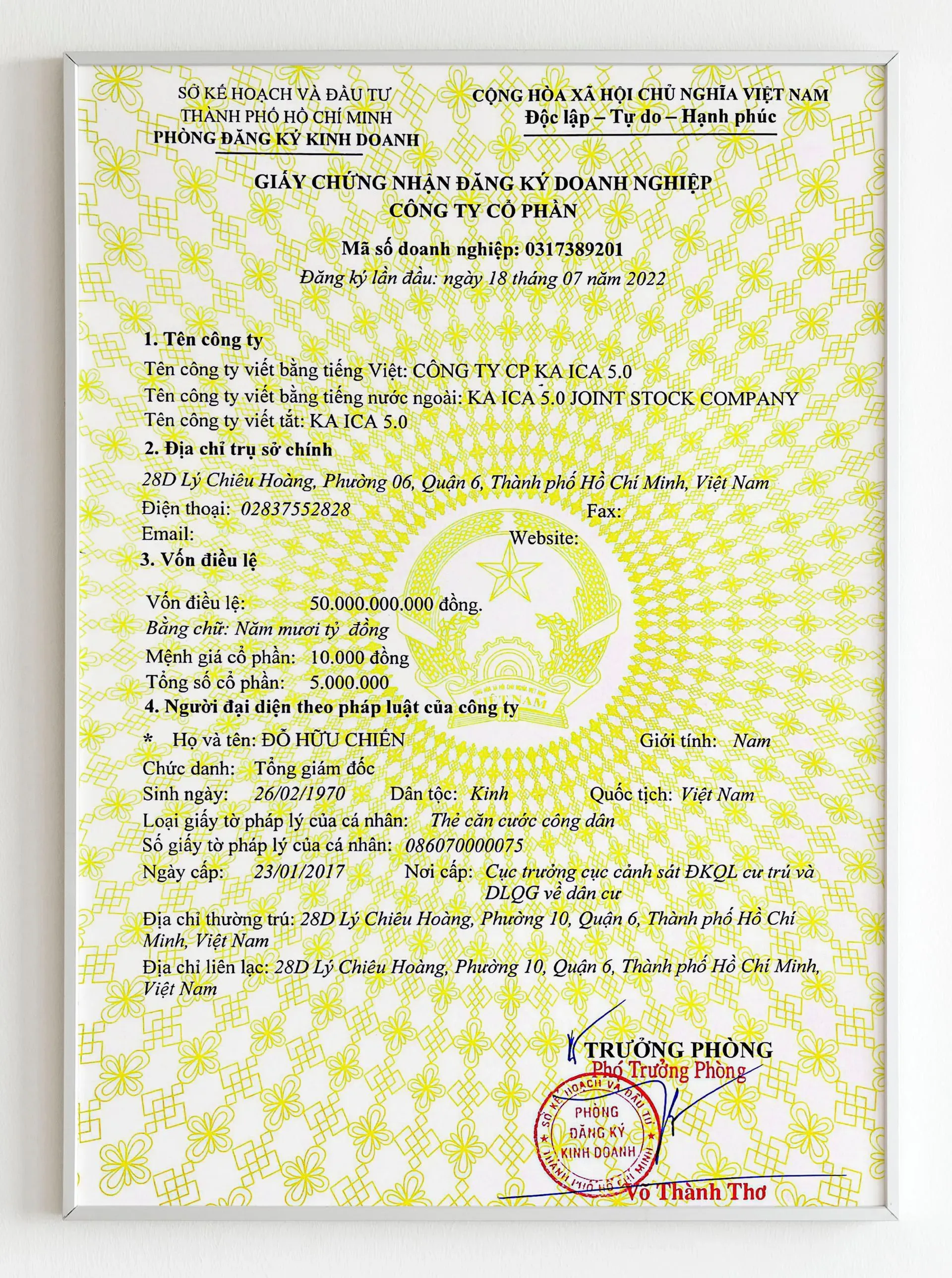 Chứng nhận cho Giấy đăng ký hoạt động kinh doanh CÁC DỰ ÁN KA