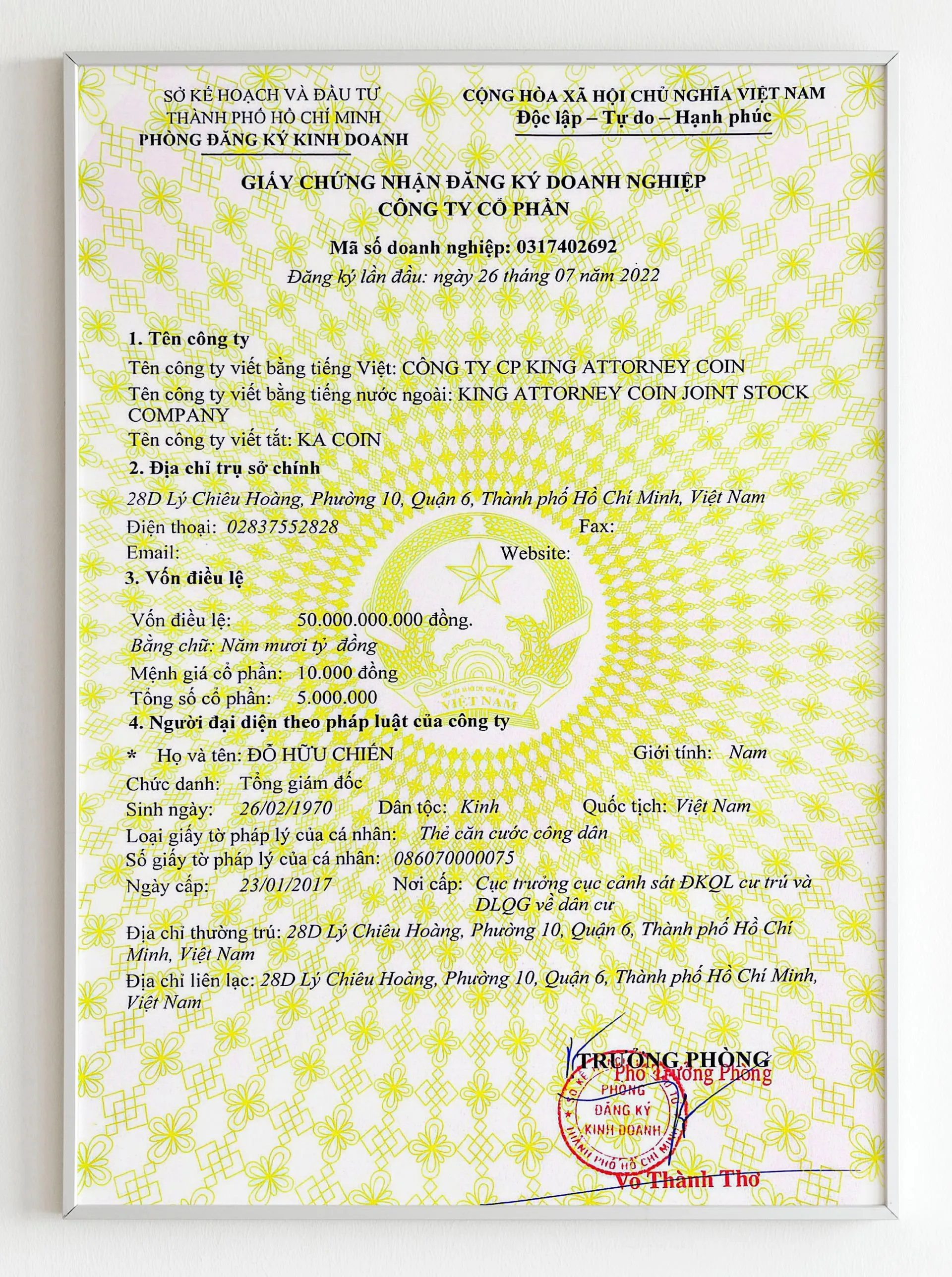 Chứng nhận cho Giấy đăng ký hoạt động kinh doanh CÁC DỰ ÁN KA